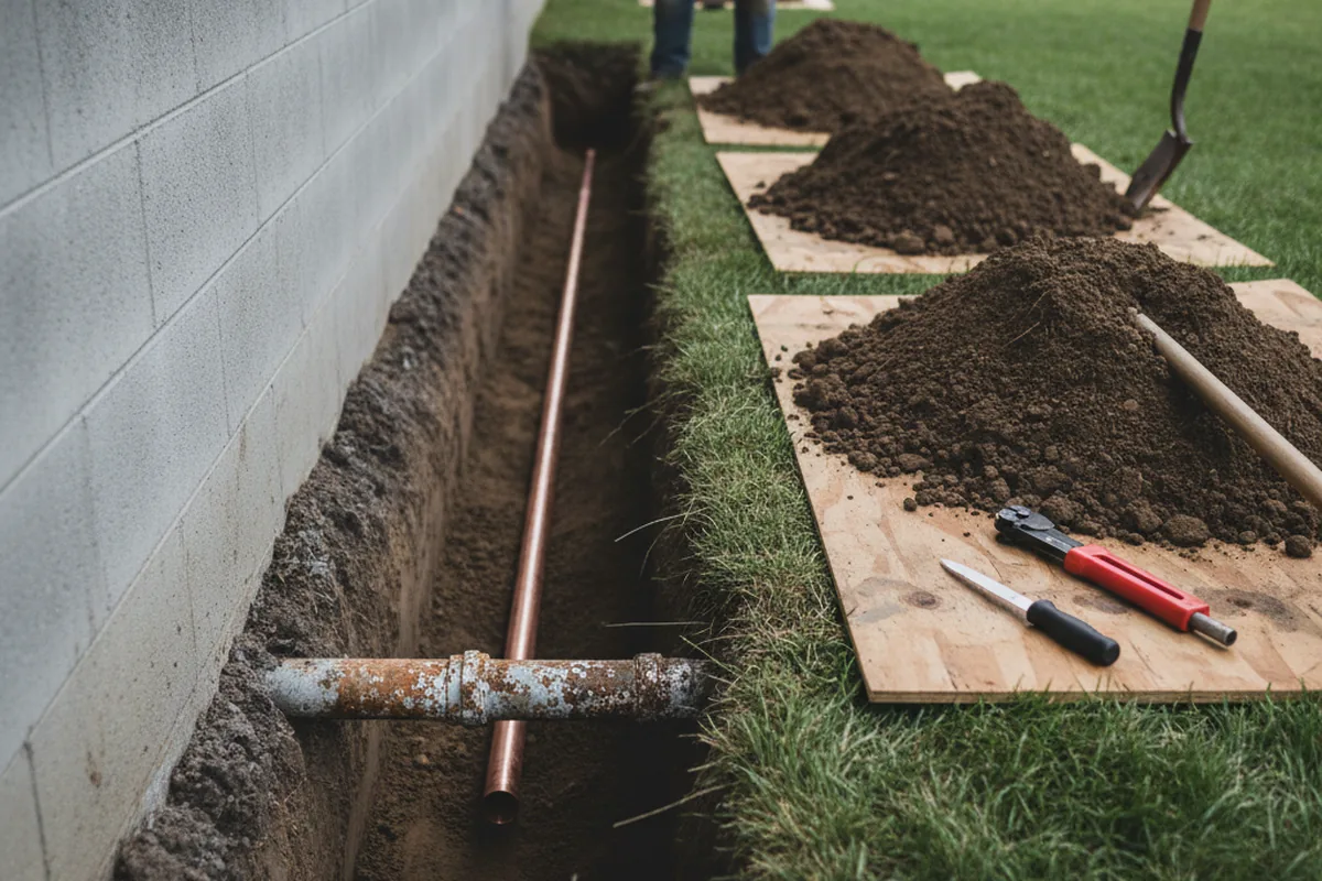 Excavated water line trench during Water Softener Installation in Quinby